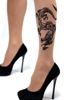 Чулки с принтом в виде дракона на левой ножке (Размер: S-M-L) (Цвет: бежевый)