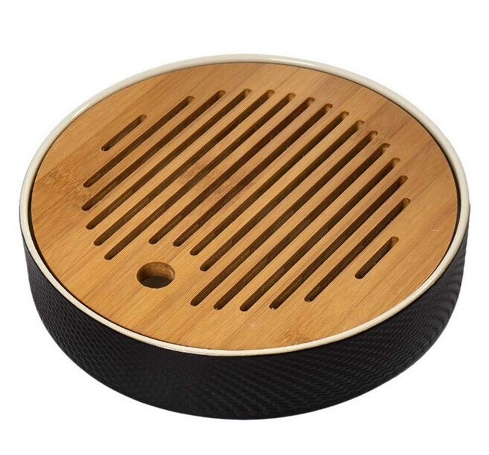 243051.3Y3 УЦЕНКА Чабань "Японский чай" h=4,3см, d=22см, бамбук/керамика натуральный/черный