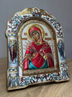 Семистрельная БМ, икона арочная с рамкой под стеклом, белое дерево, эмаль 167х228