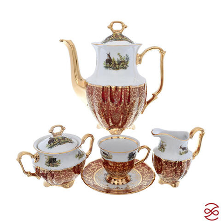 Кофейный сервиз Repast Охота красная Мария-тереза 15 предметов на 6 персон
