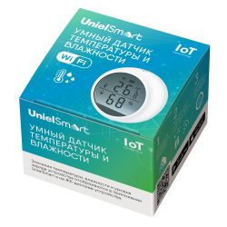 USN-A502 TS-WF WHITE Умный датчик температуры и влажности Wi-Fi. с экраном. на батарейках AAAx2 н-к адаптер 5V н-к. Звуковое+PUSH оповещение. Накладной. Белый. Приложение UnielSmart. TM Uniel