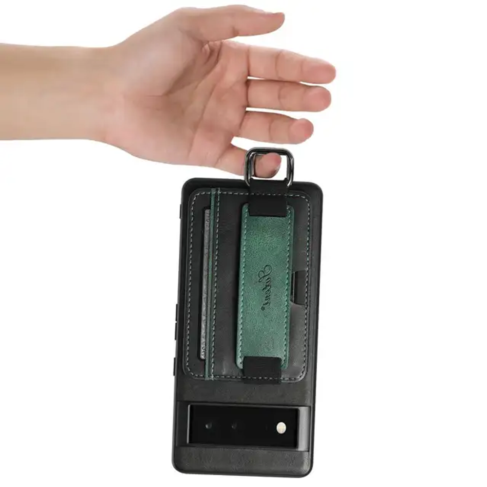 Кожаный чехол-бумажник для Google Pixel 6 с отделением для банковских карт и ремешком