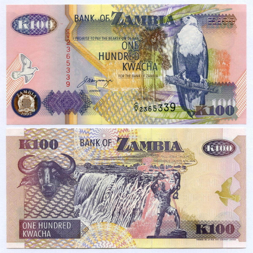 Банкнота Замбия 100 квача 1992 год C/V 2365339. UNC