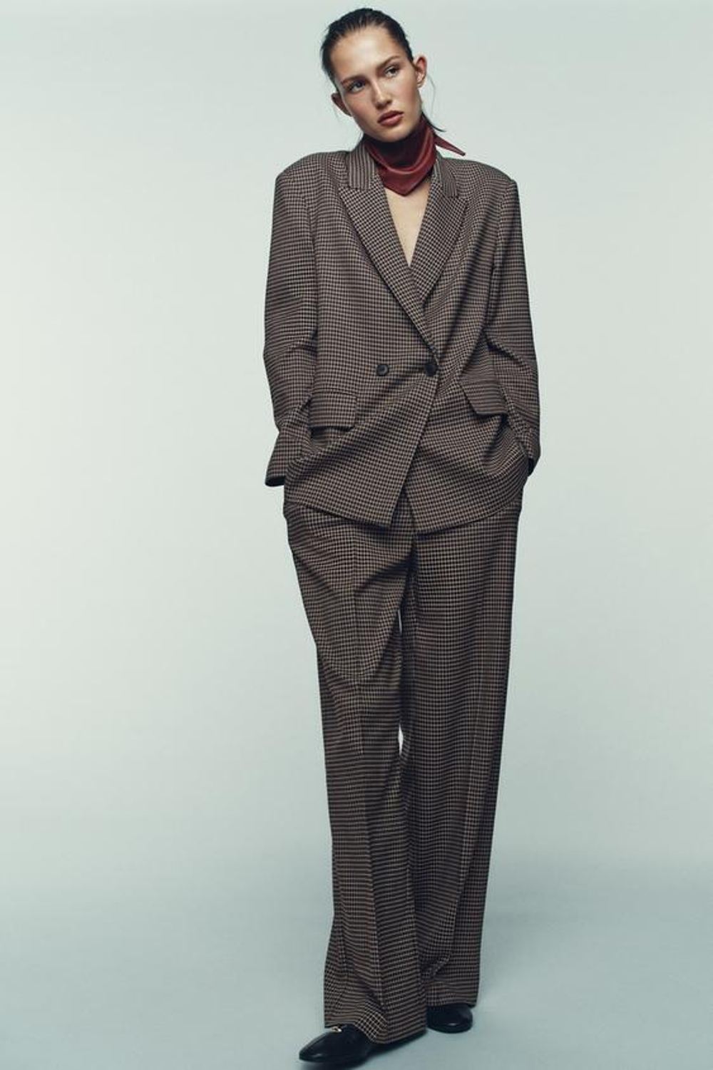 ZARA ПРЯМЫЕ БРЮКИ В КЛЕТКУ С ПОЯСОМ, КОРИЧНЕВЫЙ /ЭКРЮ