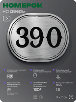 Номерок на дверь квартиры 390, для кабинета, офиса, шильдик 9 х 7 см, брашированная сталь, Айдентика Технолоджи