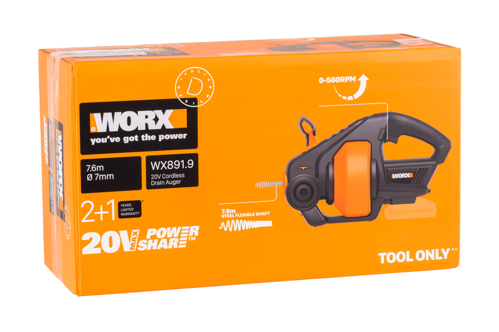 Устройство для прочистки труб аккумуляторное WORX WX891.9 20В без АКБ и ЗУ коробка