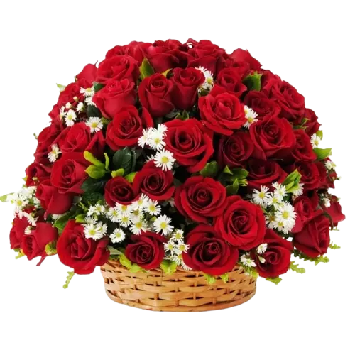 Корзина на похороны из живых цветов "50 красных роз, зелень"