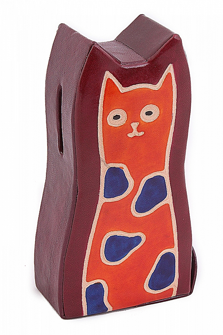 Копилка под мелочь "Кошка", цвет бордовый, оранжевый кот, пятна, натуральная кожа ручной принт