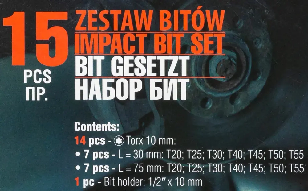 Набор бит TORX с битодержателем,15пр. 1/2''(L: 30/75мм, Т20,Т25,Т30,Т40,Т45,Т50,Т55) RockForce##Rock FORCE RF-4156(C)
