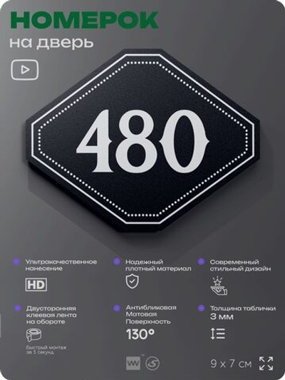 Номерок на дверь квартиры 480, для кабинета, офиса, шильдик 9 х 7 см, черный, Айдентика Технолоджи