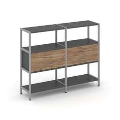 Shelf System Двухсекционный стеллаж трехярусный с ящиками SN.STM-322 Антрацит/Дуб Табак/Металл Серый