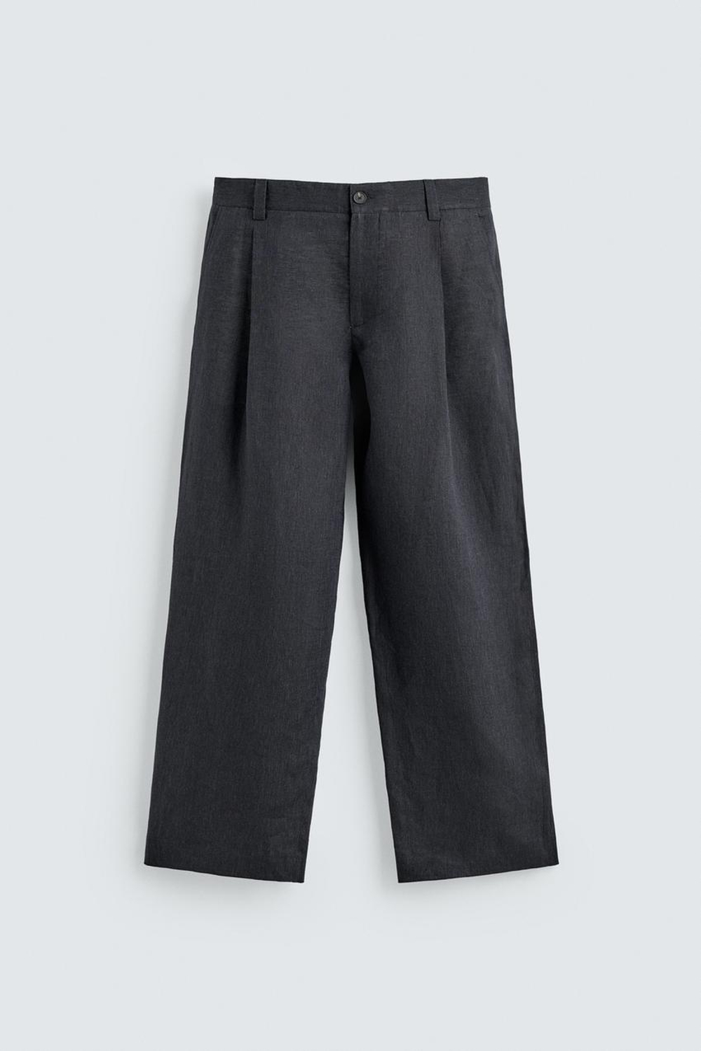ZARA БРЮКИ ИЗ 100% ЛЬНА С ЗАЩИПАМИ, ИНДИГО