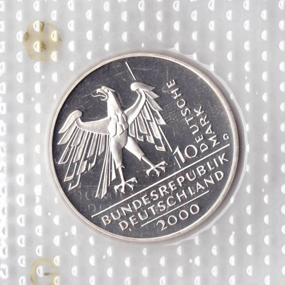 10 марок. 10 лет объединения Германии (G). Серебро. 2000 г. PROOF. В родной запайке