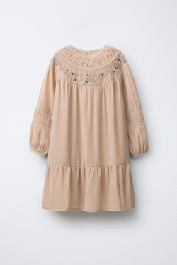 ZARA БАРХАТНОЕ ПЛАТЬЕ С КРУЖЕВОМ И ПАЙЕТКАМИ, БЕЖЕВЫЙ