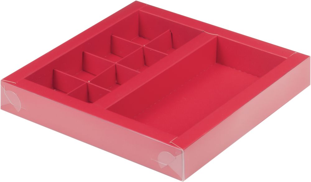 Коробка с пласт.крышкой для конфет 200*200*30 мм (8) + для шоколад.плитки 160*80 мм (красная матовая