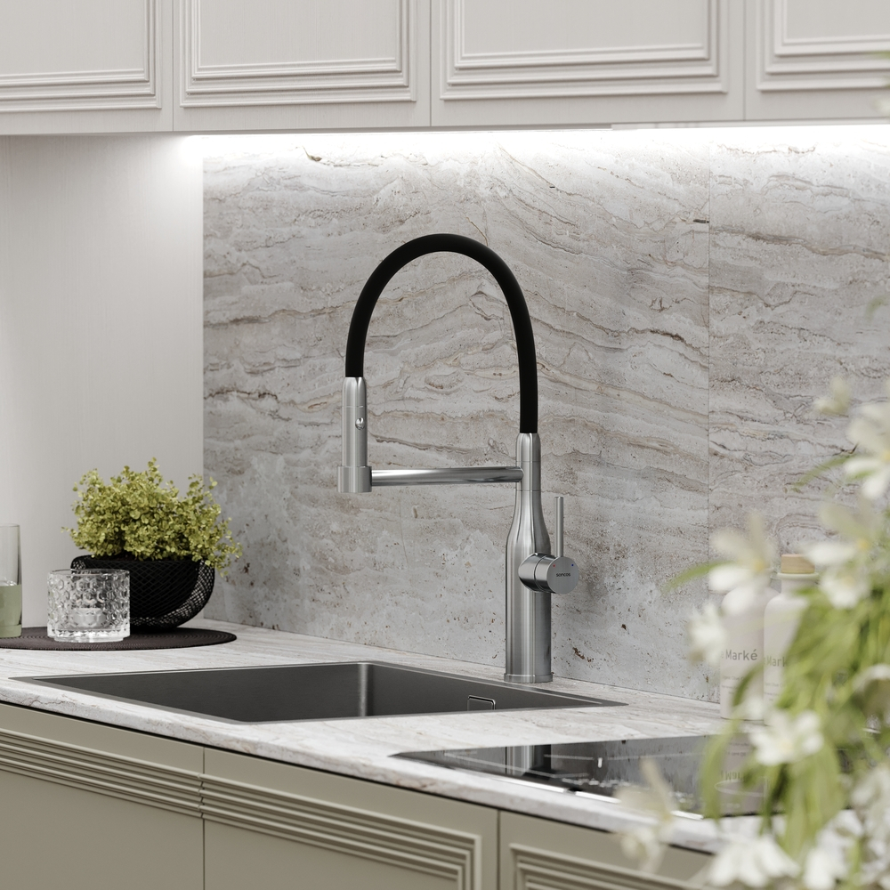 Смеситель для кухни Sancos Pride с гибким изливом, цвет нержавеющая сталь/черный, арт. SC4011BNG