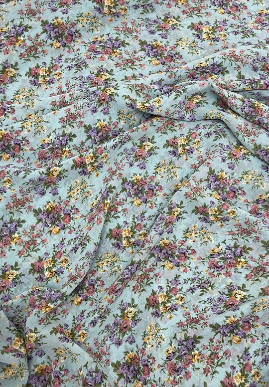Шифон принт, цветы мелкие/букеты на голубом Моналиса
