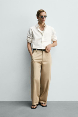 ZARA УКОРОЧЕННЫЕ БРЮКИ WIDE FIT, БЕЖЕВЫЙ