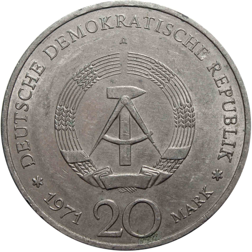 20 марок. (A) 85 лет со дня рождения Эрнста Тельмана. Германия-ГДР. Медноникель. 1971 год. XF
