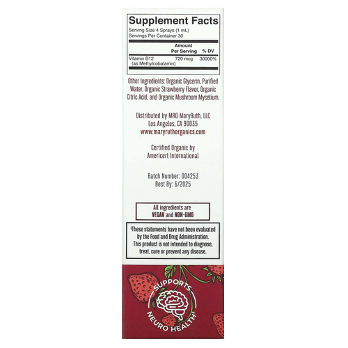 MaryRuth's, органический метилкобаламин, жидкий спрей, со вкусом клубники, 720 мкг, 30 мл (1 жидк. унция)