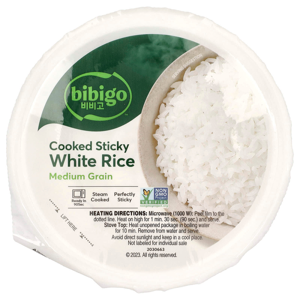 Bibigo, Вареный липкий белый рис, средний размер, 630 г (22,2 унции)