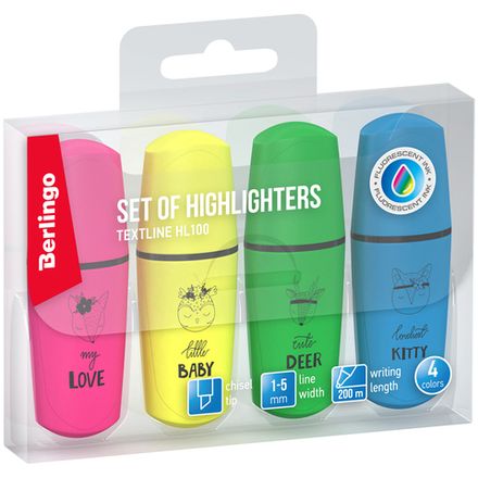 Набор выделителей текста 4цв, 1-5мм, Berlingo Textline HL100 мини