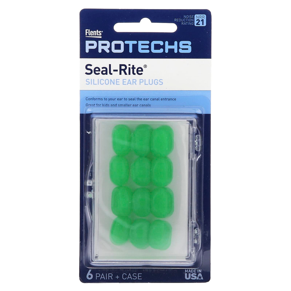 Ezy Dose, Pro-Techs, Seal-Rite, силиконовые беруши, зеленый, 6 пар и футляр