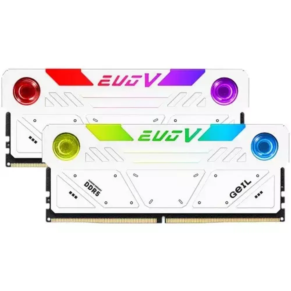 Оперативная память с RGB подсветкой 32GB Kit (2x16GB) GEIL EVO V RGB 6800Mhz DDR5 PC5-54400 36-44-44-86 GESW532GB6800C36ADC White (интегрирована система охлаждения с двумя вентиляторами)