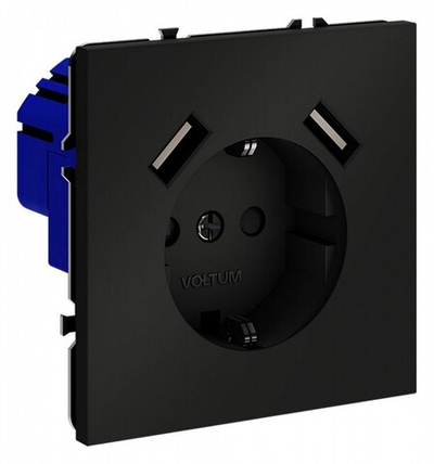 Розетка с заземлением и со шторкой и 2хUSB type A, без рамки Voltum S70 VLS040408