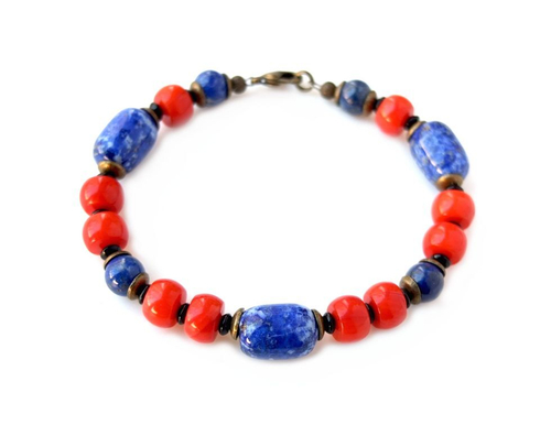 браслет из лазурита и коралла (б-1079)