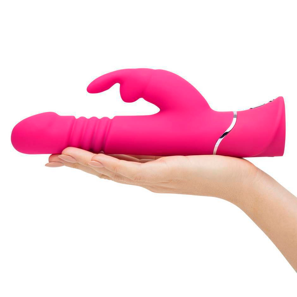 Розовый вибратор Thrusting Realistic Rechargeable Rabbit Vibrator с имитацией толчков - 22,8 см. (Цвет: розовый)