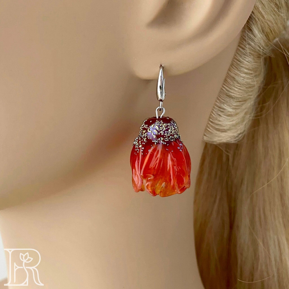 LEFIREL' Серьги серебряные женские "Рания" с цветами из муранского стекла / ювелирные украшения из родированного серебра 925