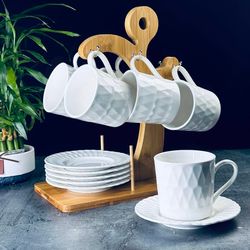 Lenardi 140-042 Чайный набор 12пр. 220 мл BAMBOO на подставке в под.уп.(х8)Фарфор,бамбук