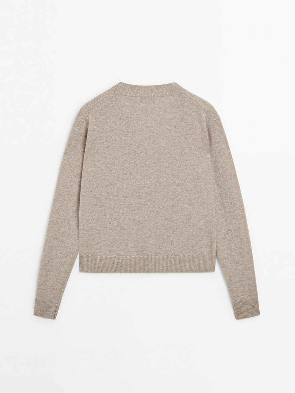 Massimo Dutti Кардиган из шерсти и кашемира с V-образным вырезом, кротово-коричневый