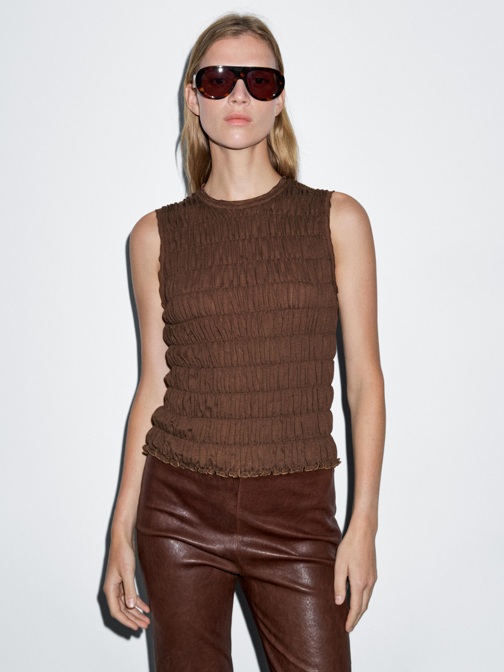 Massimo Dutti Топ из смесовой хлопковой ткани со сборками, коричневый