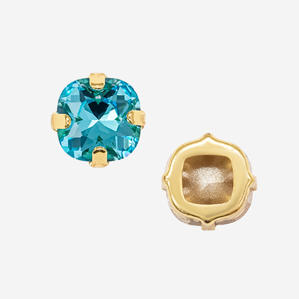 Кристалл Кушон (Сushion) в цапах, оттенок "Indicolite", 9,2мм, позолота