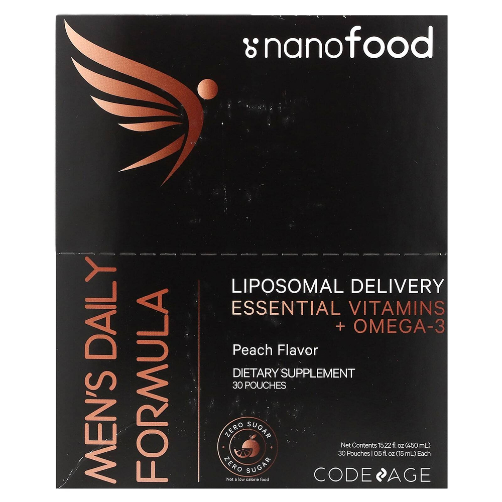 Codeage, Nanofood, ежедневная формула для мужчин, липосомальная технология доставки, незаменимые витамины и омега-3, персик, 30 пакетиков по 15 мл (0,5 жидк. унции) каждый