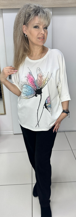 Белый блузон с цветным и стразовым принтом