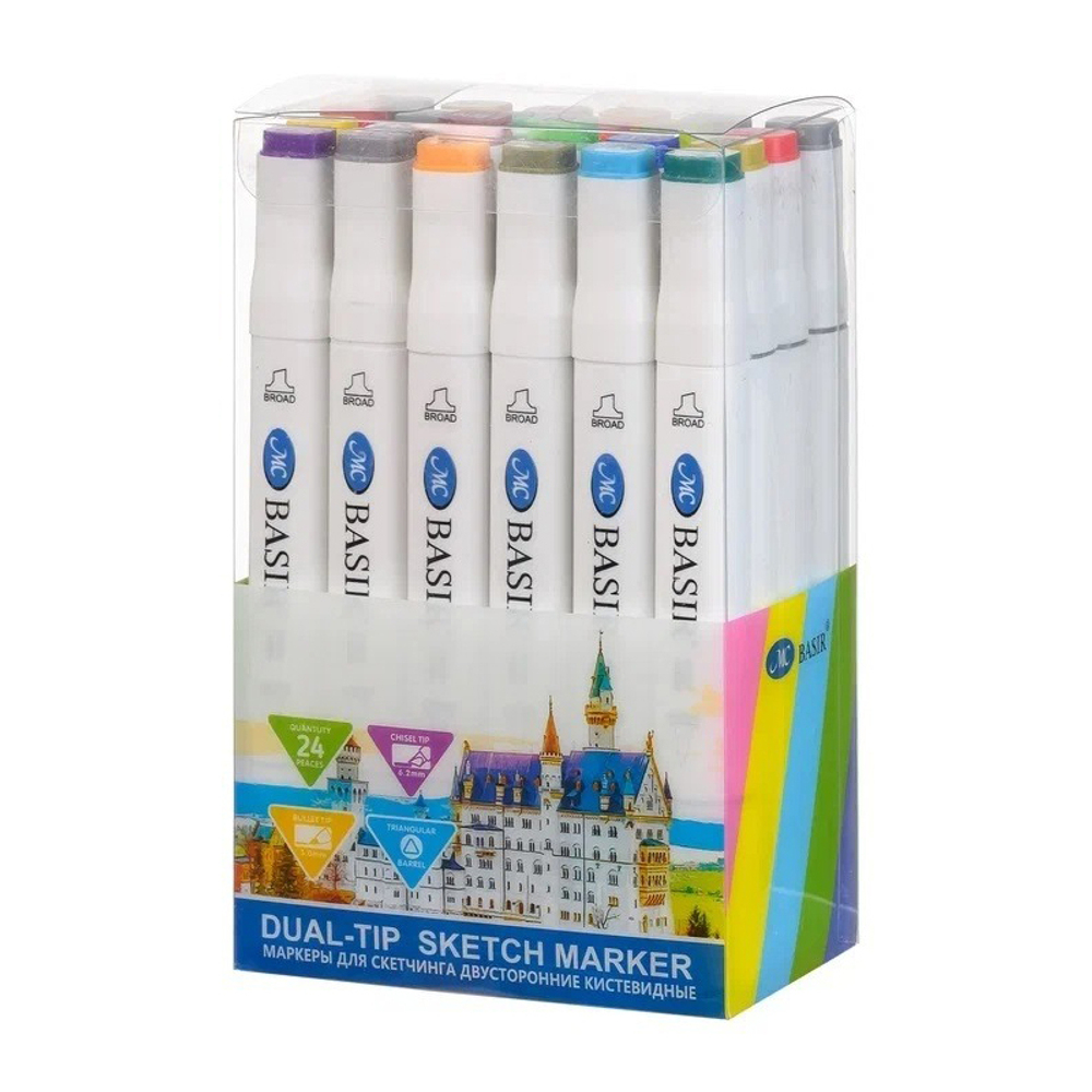 Маркер для скетчинга, двусторонние, Basir, четырехгранные, 14 мм, спиртовые, 24 шт