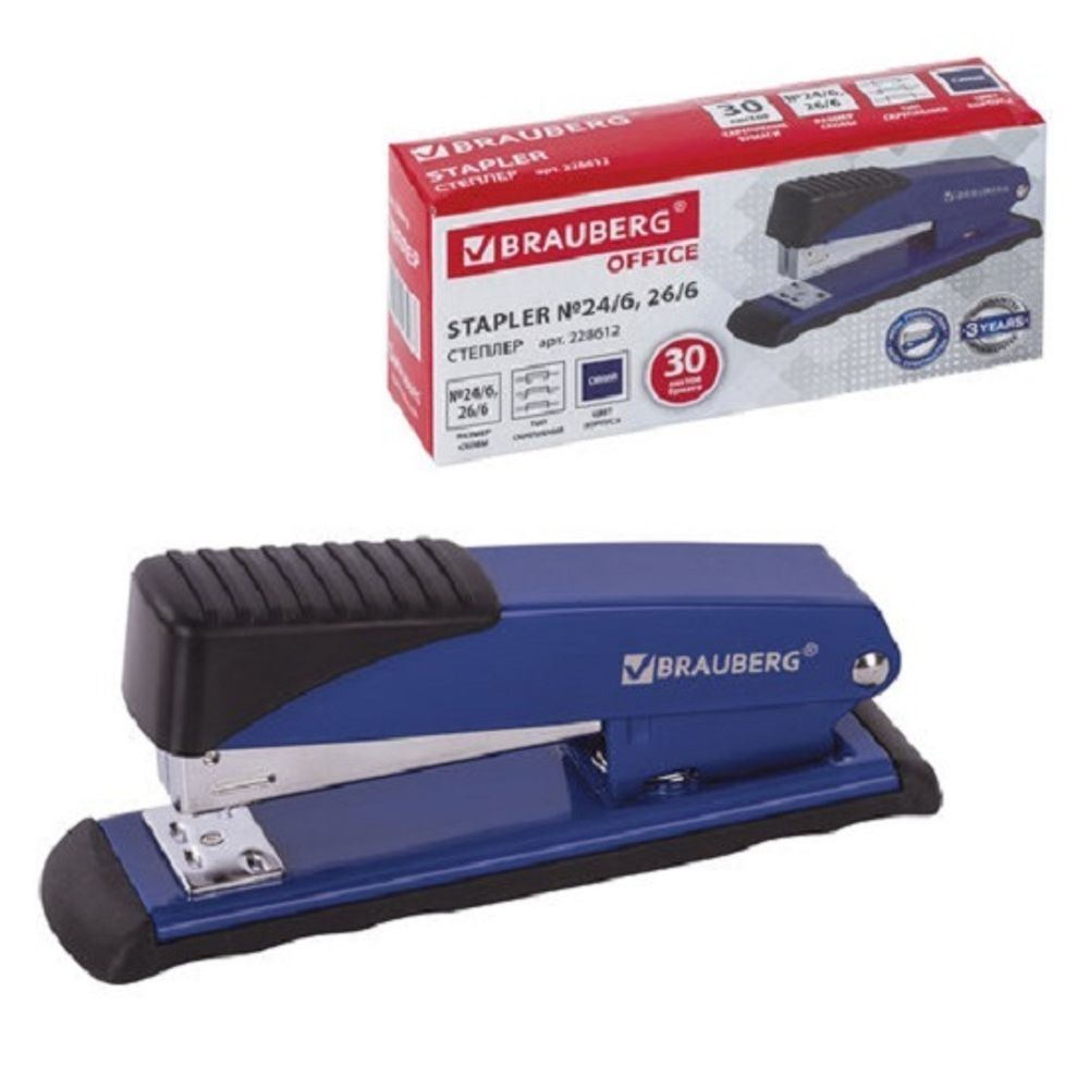 Степлер №24, Brauberg Office, до 30л, металлический корпус, синий