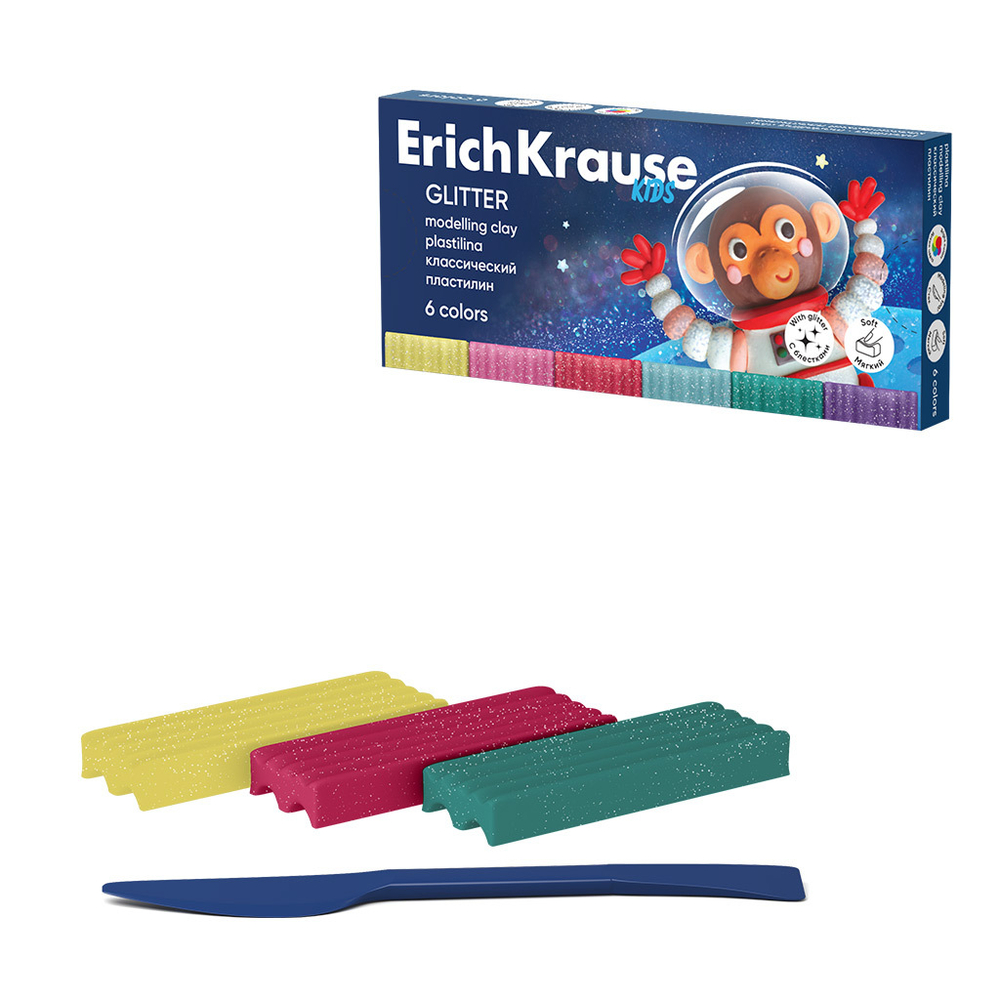 Пластилин 6цв 108гр. Erich Krause Kids Space Animals Glitter с блестками со стеком