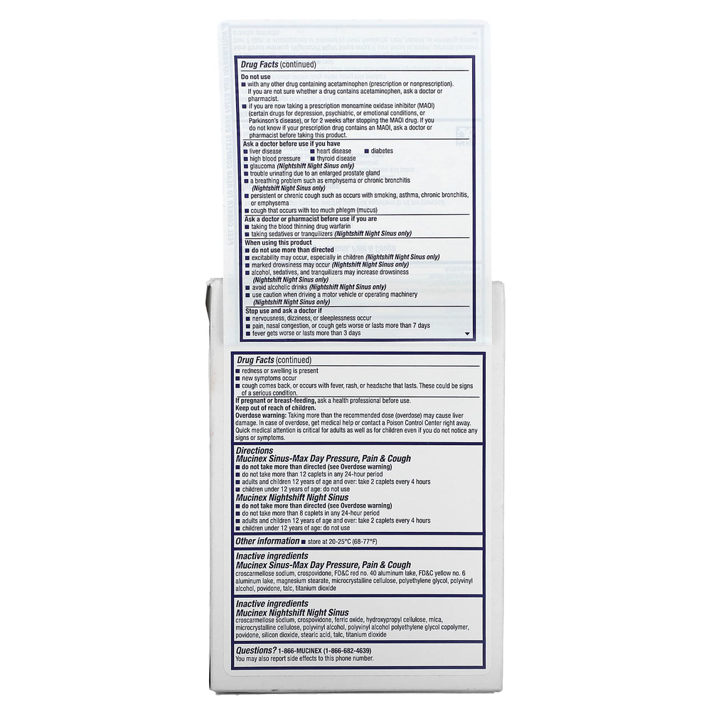 Mucinex, Sinus-Max Day and NightShift Night Sinus, максимальная сила действия, для детей от 12 лет, 2 флакона, 20 капсул