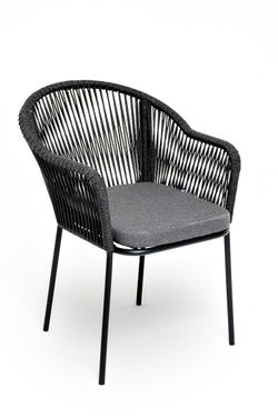 "Лион" стул плетеный из роупа, каркас алюминий темно-серый (RAL7024) муар, роуп темно-серый круглый, ткань темно-серая 027