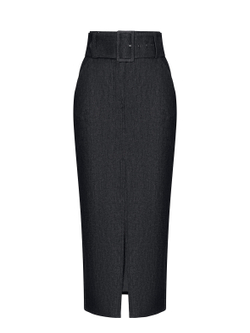 Юбка миди из денима с разрезом, отстрочками и ремнем