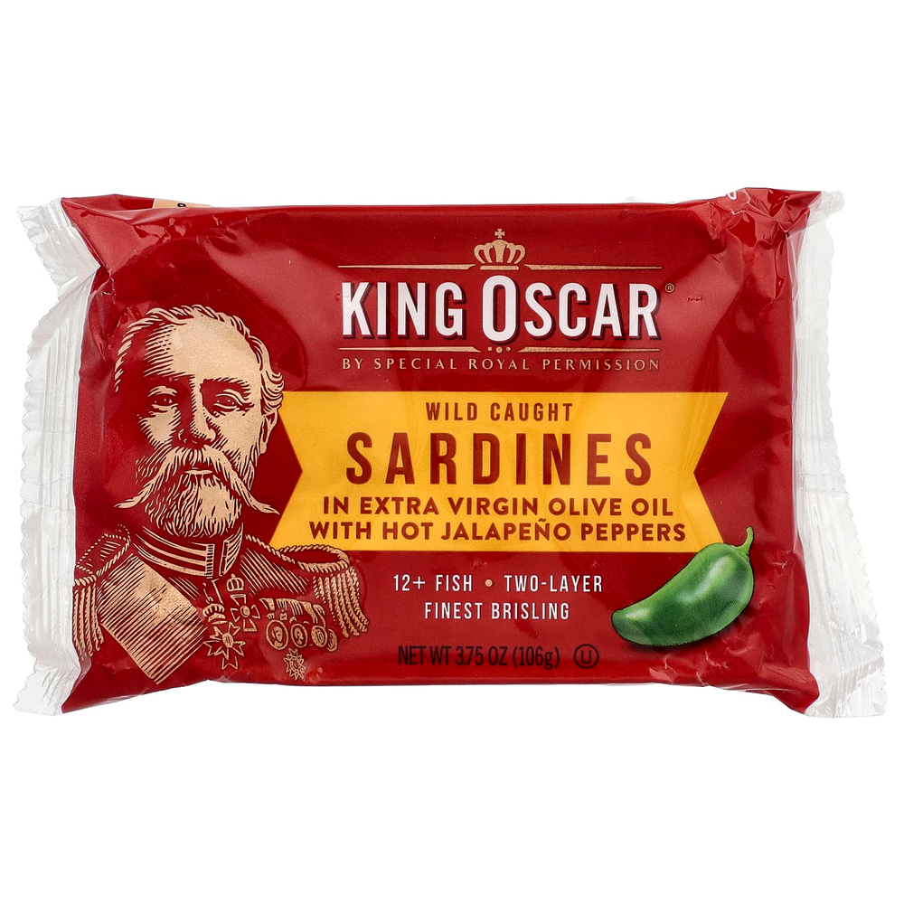 King Oscar, сардины дикого улова в нерафинированном оливковом масле высшего качества с острым перцем халапеньо, два слоя, 106 г (3,75 унции)