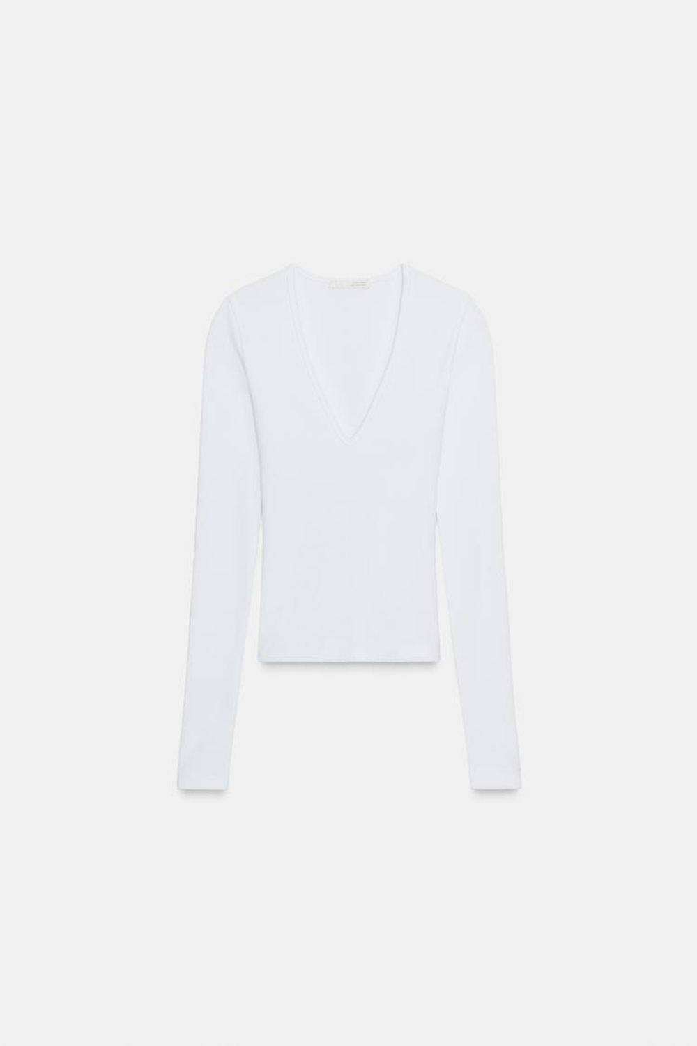 ZARA ТОП В РУБЧИК С ДЛИННЫМИ РУКАВАМИ, БЕЛЫЙ