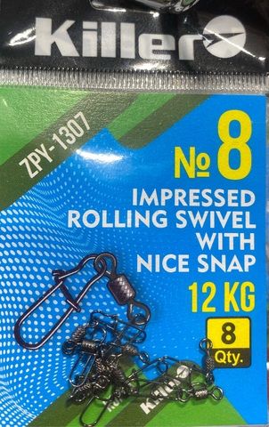 Карабин с вертлюгом Killer Impressed Rolling Swivel №8, арт1307