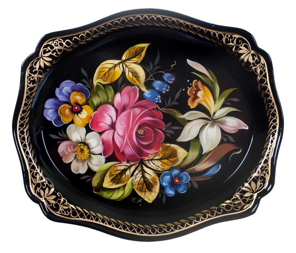 Жостовский поднос декоративный, размер 20х17 см (A3), металлический