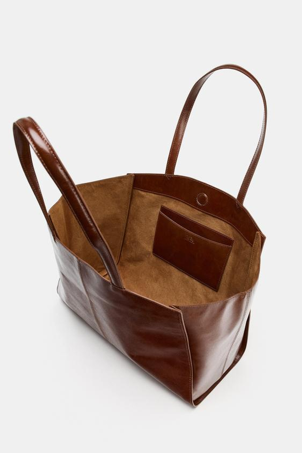 ZARA КОЖАНАЯ СУМКА-ШОПЕР С ДЕКОРАТИВНОЙ СТРОЧКОЙ, ТЕМНЫЙ РЫЖЕВАТО-КОРИЧНЕВЫЙ