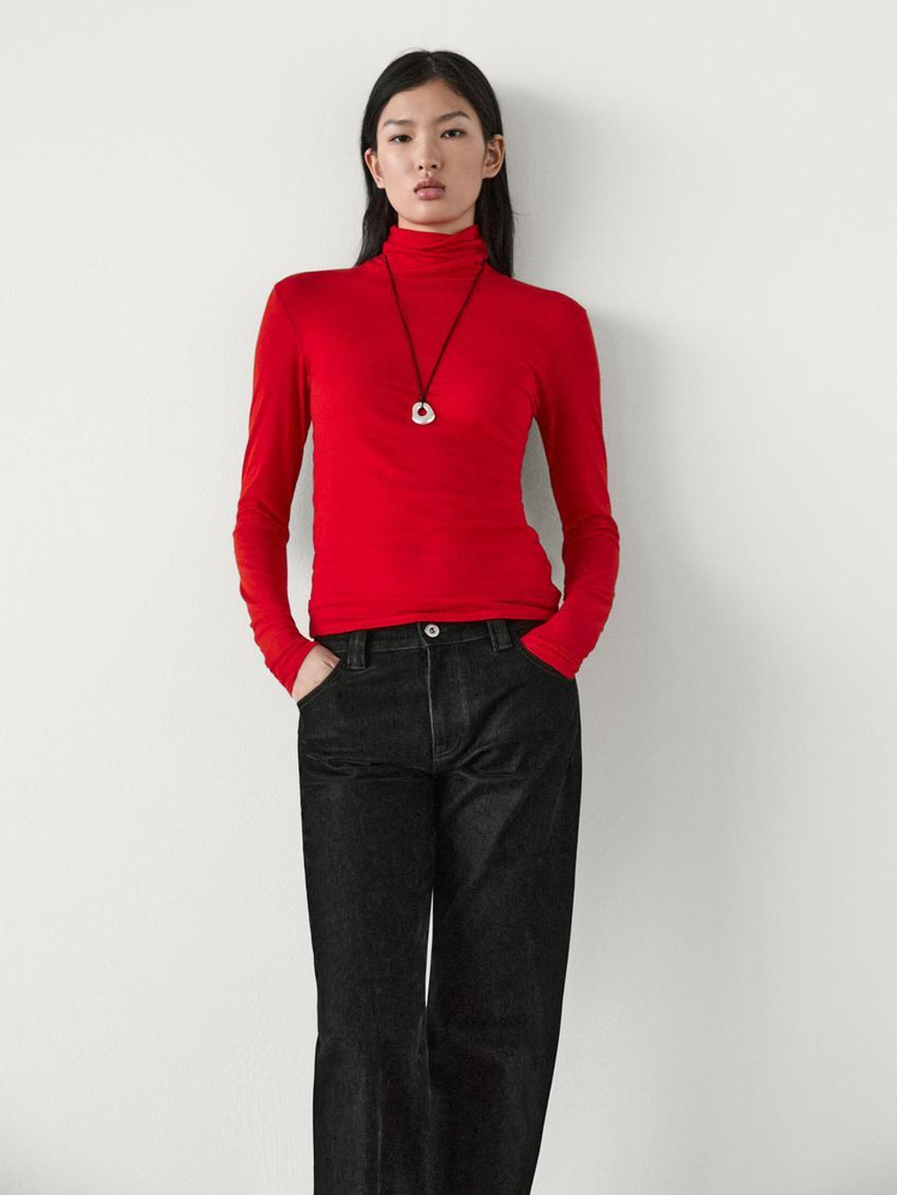 Massimo Dutti Топ из смесового лиоцелла с длинными рукавами, красный